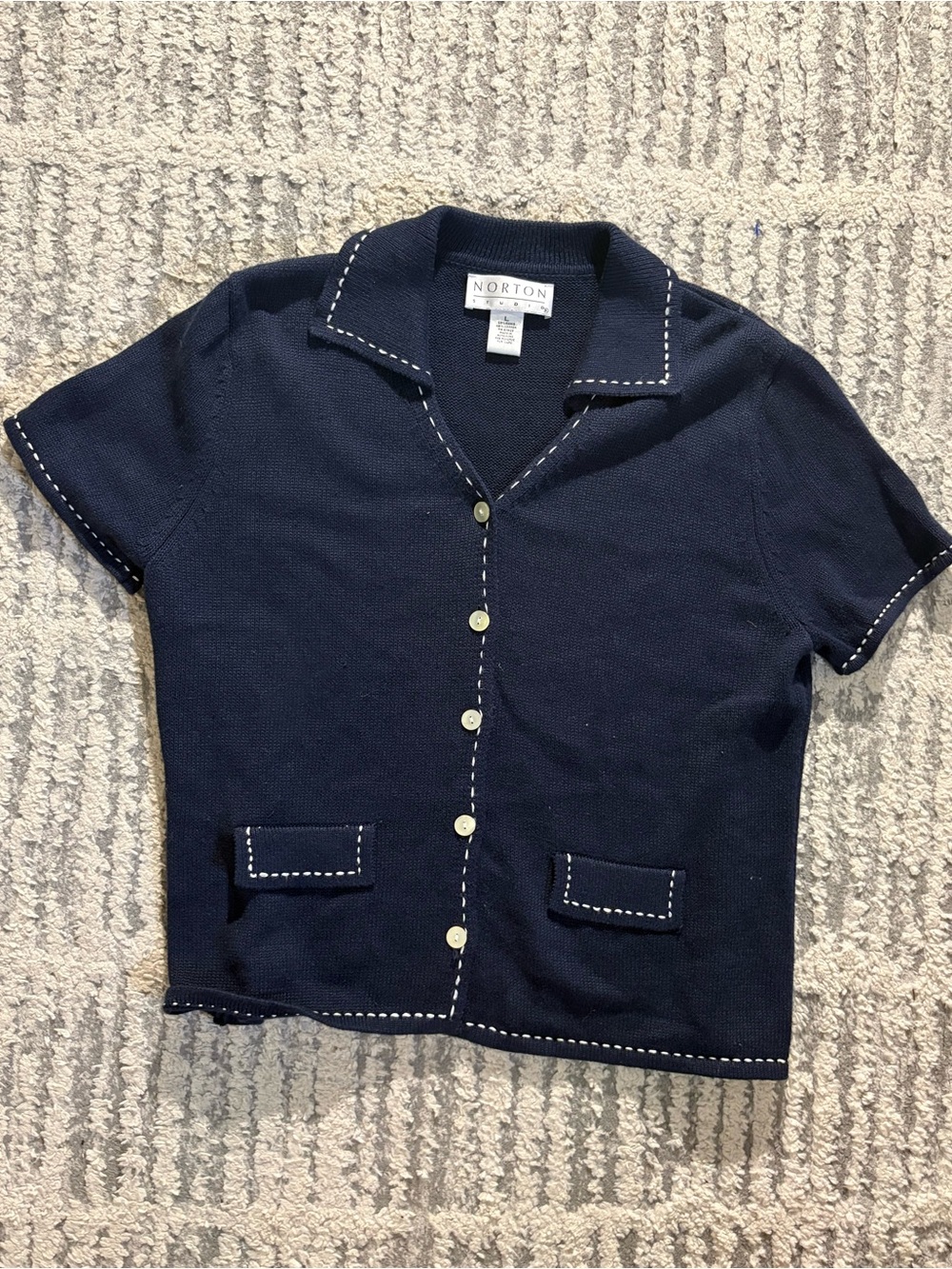 Vintage Norton studio dark blue white stitch button up sweater top size L